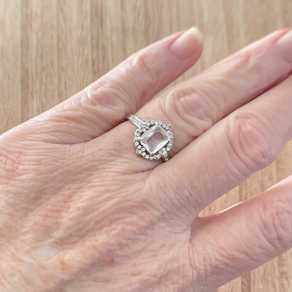 VIntage Radiant Floral White Sapphire Halo Ring - 925 Sterling Silver - Picture 4 of 5